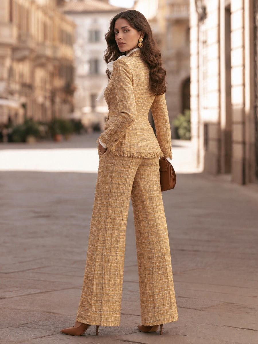 Fringed Tweed Blazer And Wide-Leg Pants Set