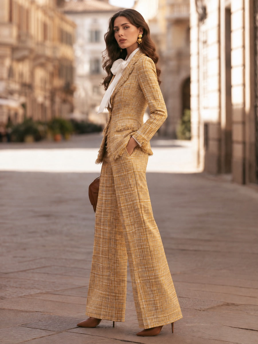 Fringed Tweed Blazer And Wide-Leg Pants Set