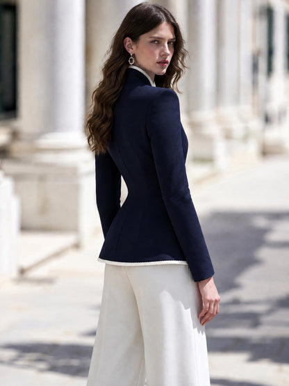 Elegant Stand Collar Braided Trim Fitted Waist Office Blazer