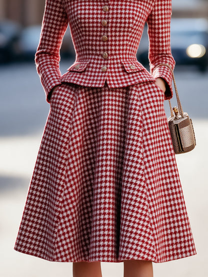 Houndstooth Tailored Jacket And A-Line Midi Skirt Two-Piece Set