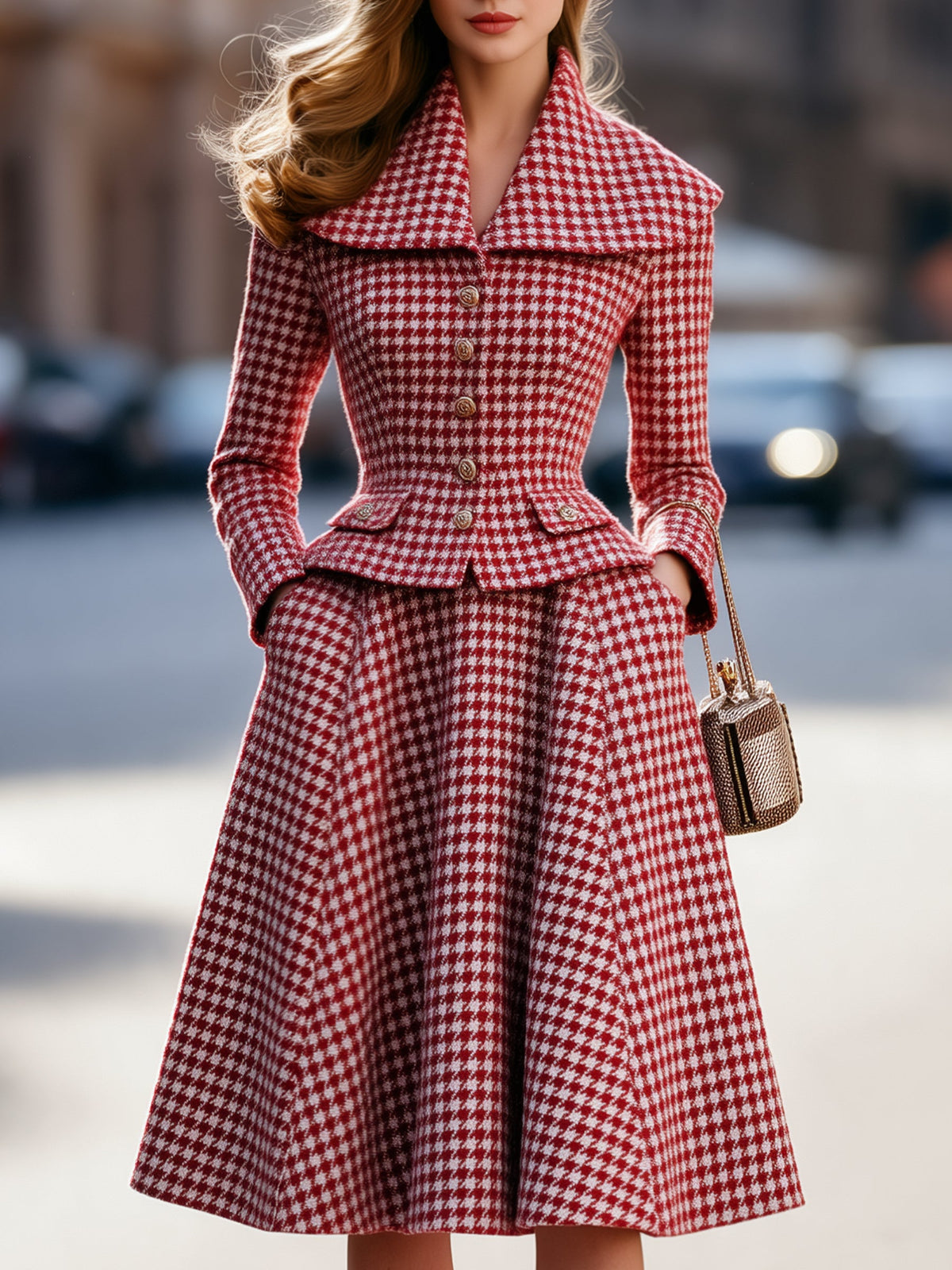 Houndstooth Tailored Jacket And A-Line Midi Skirt Two-Piece Set
