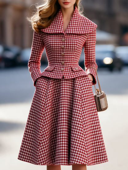 Houndstooth Tailored Jacket And A-Line Midi Skirt Two-Piece Set