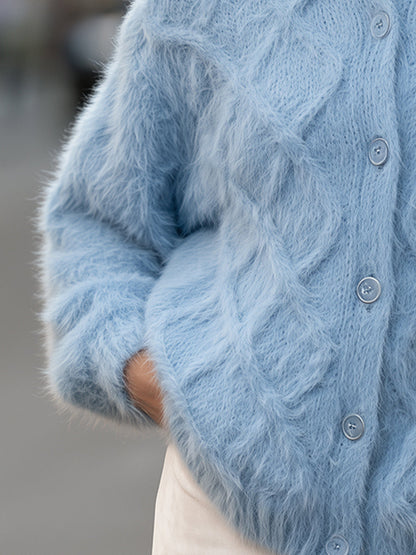 Fluffy High-Neck Diamond Knit Button-Front Cardigan