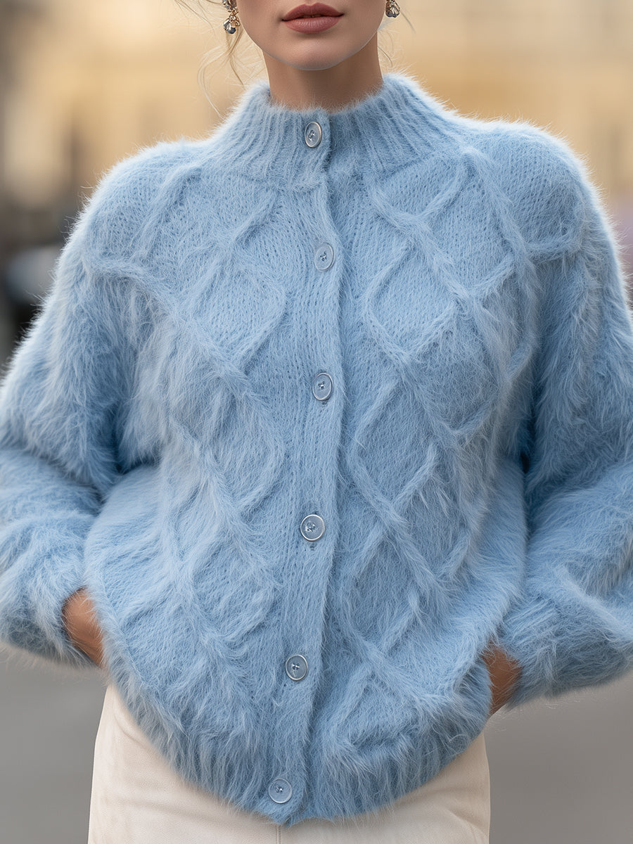 Fluffy High-Neck Diamond Knit Button-Front Cardigan