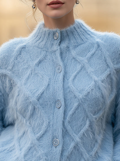 Fluffy High-Neck Diamond Knit Button-Front Cardigan