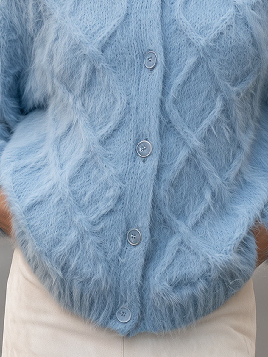 Fluffy High-Neck Diamond Knit Button-Front Cardigan