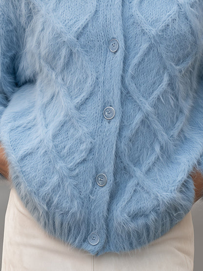 Fluffy High-Neck Diamond Knit Button-Front Cardigan
