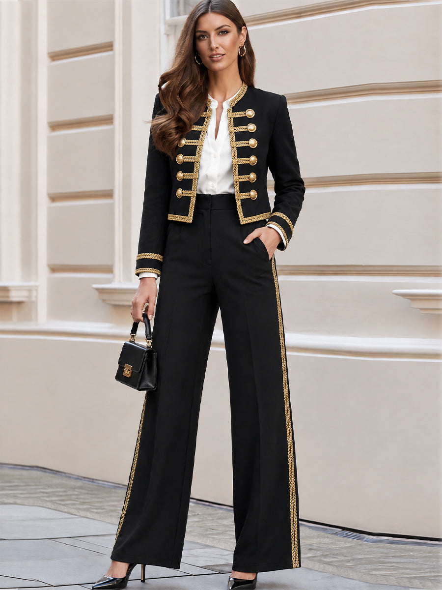 Cropped Military Blazer & High Waist Wide Leg Pants Suit