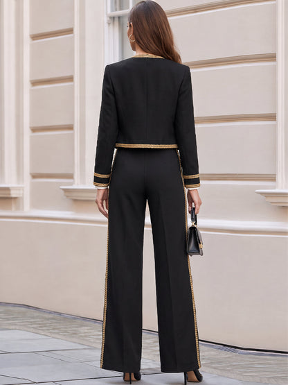 Cropped Military Blazer & High Waist Wide Leg Pants Suit