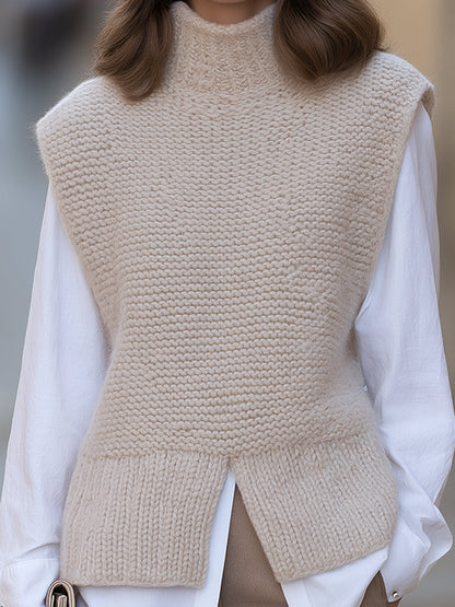 Elegant Beige Chunky Knit Turtleneck Vest And White Long Sleeve Shirt Two-Piece Set