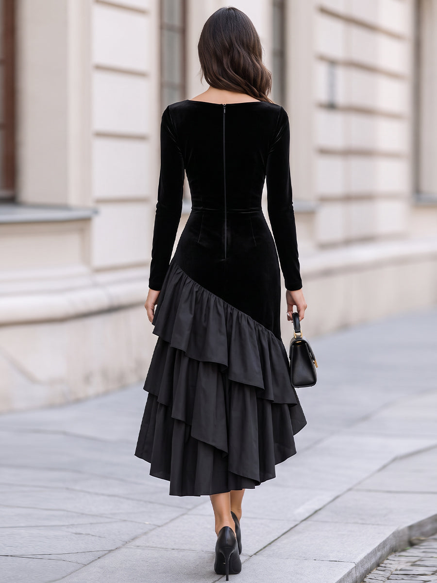 Velvet Satin Asymmetrical Ruffle High Low Midi Dress