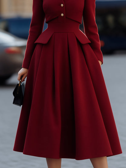 Woolen Peplum Pleated Midi Dress