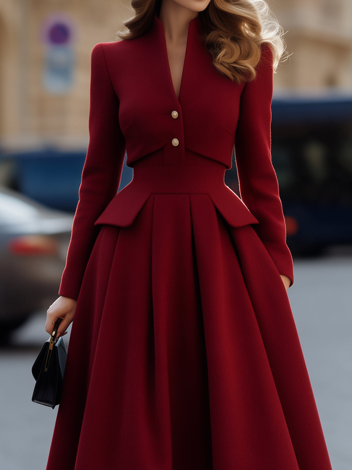 Woolen Peplum Pleated Midi Dress