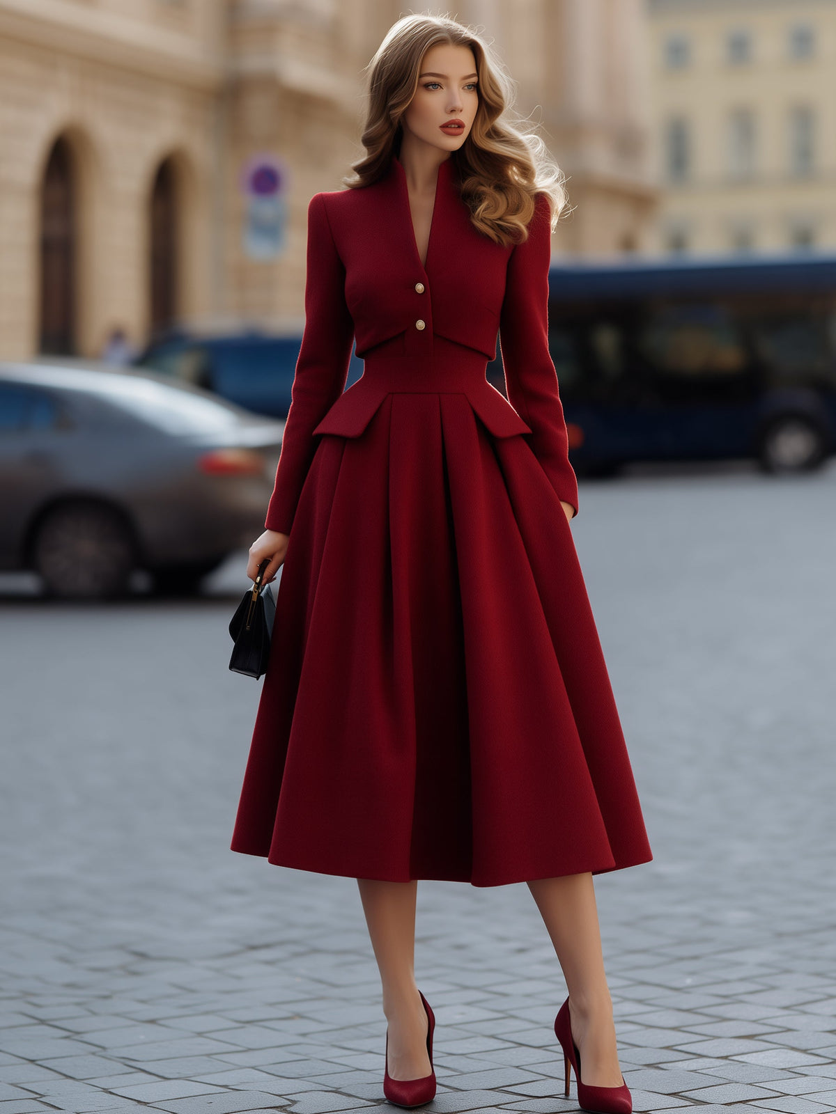 Woolen Peplum Pleated Midi Dress