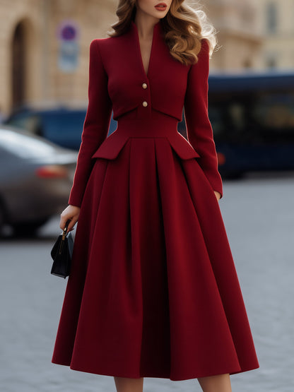 Woolen Peplum Pleated Midi Dress