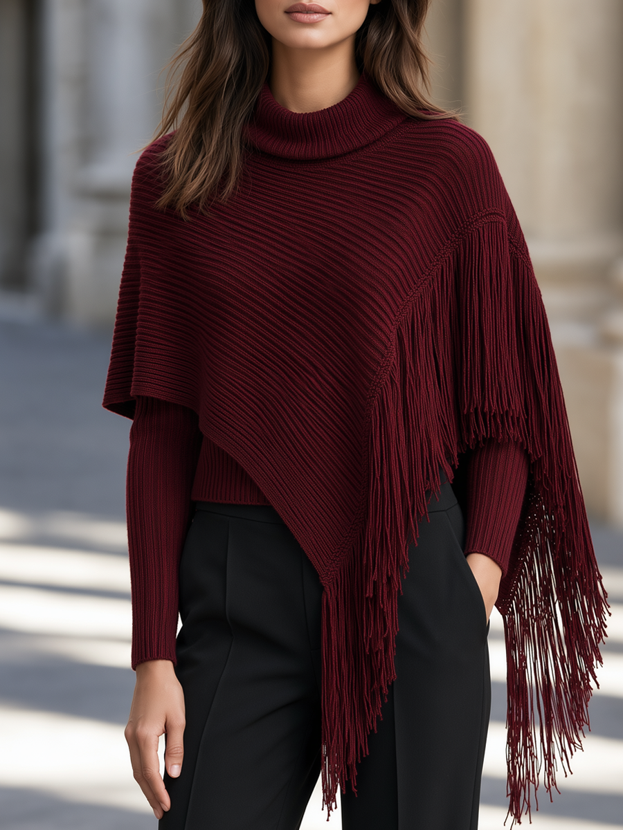 Asymmetric Fringed Capelet & Turtleneck Pullover Knitted Set