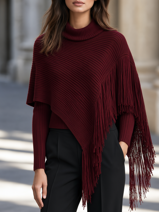 Asymmetric Fringed Capelet & Turtleneck Pullover Knitted Set