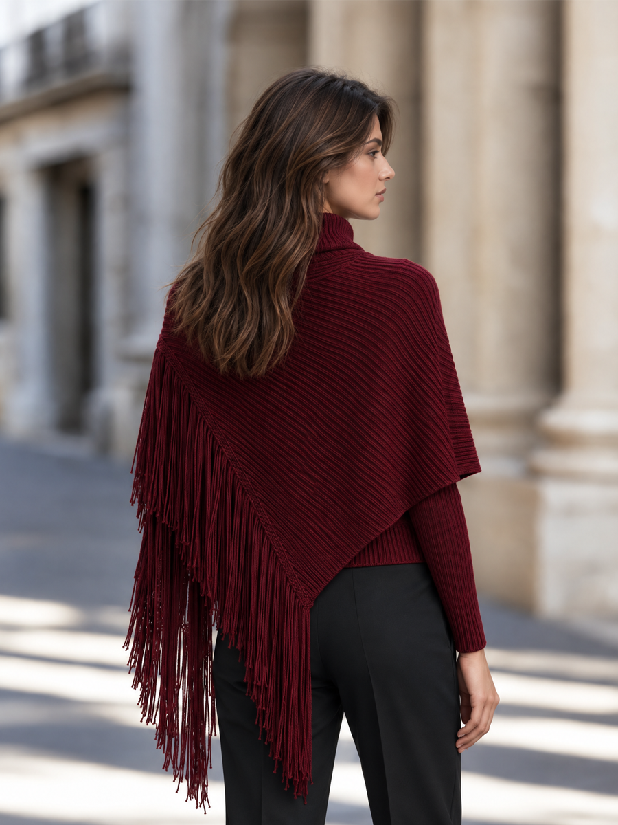Asymmetric Fringed Capelet & Turtleneck Pullover Knitted Set