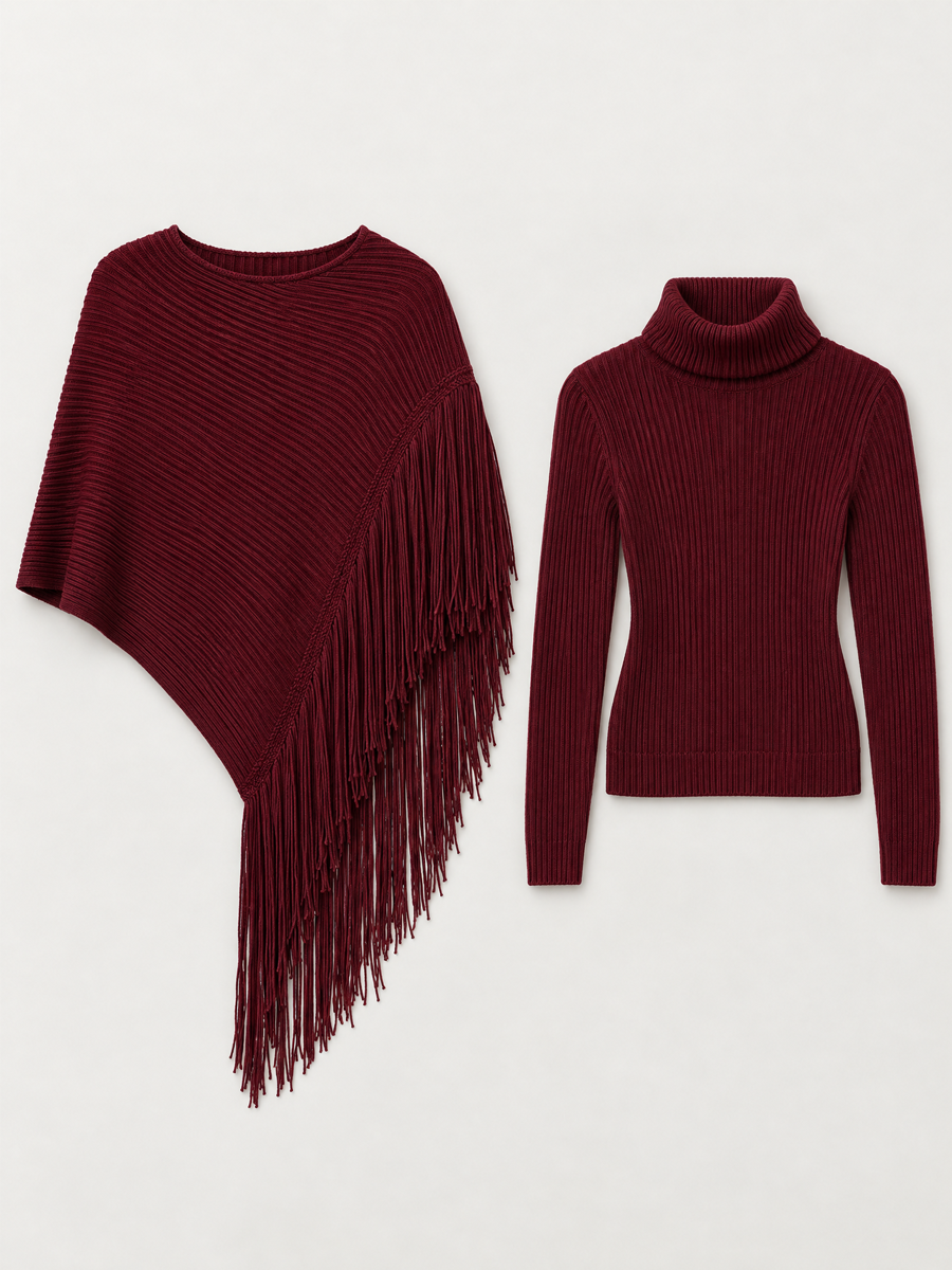 Asymmetric Fringed Capelet & Turtleneck Pullover Knitted Set