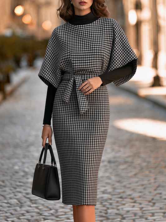 Houndstooth Belted Midi Dress