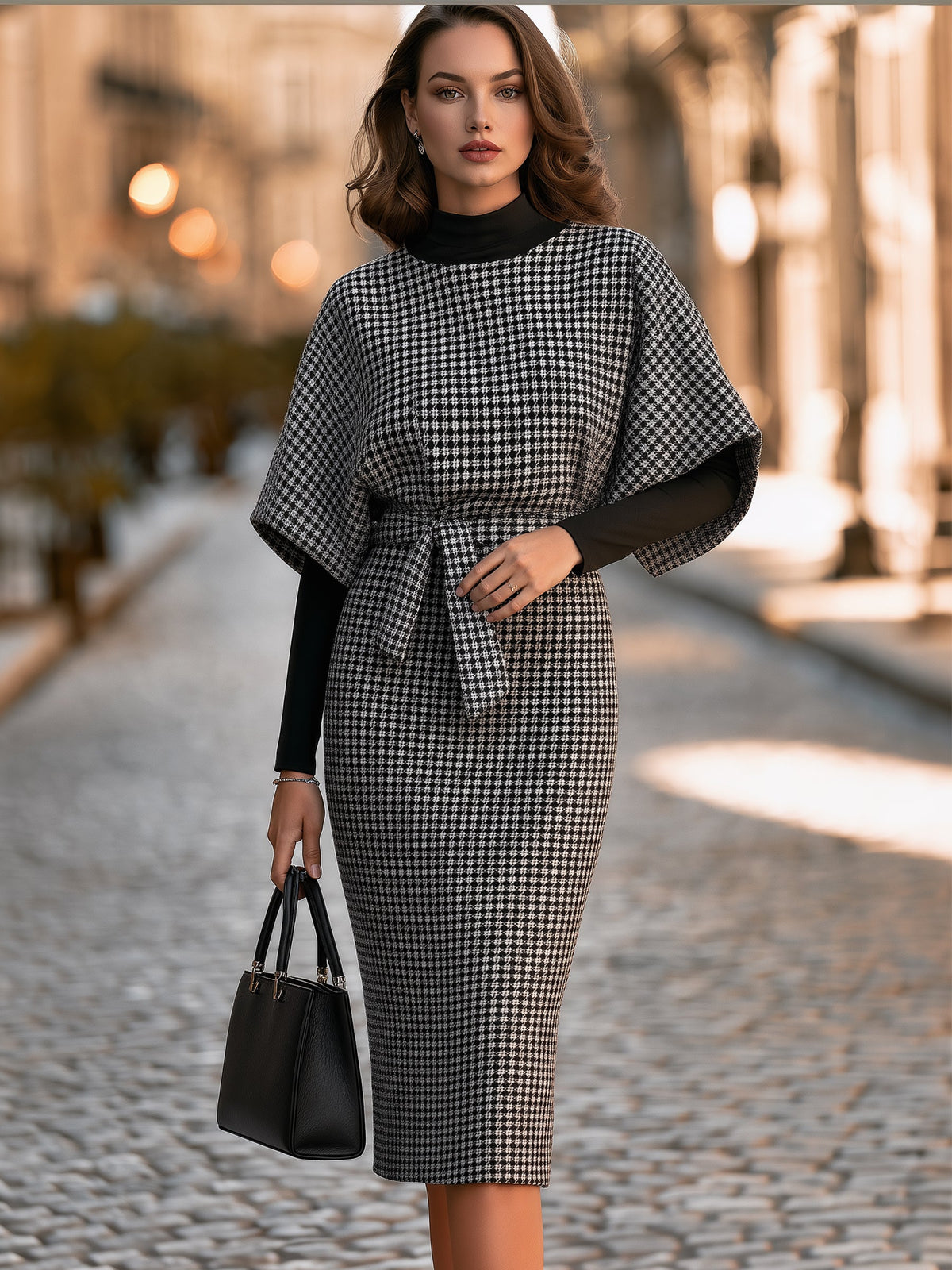 Houndstooth Belted Midi Dress