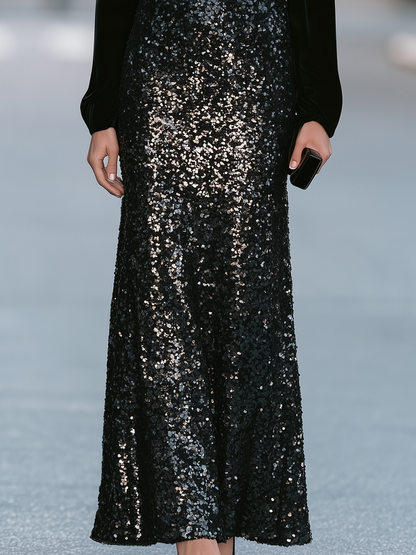 Velvet V-Neck Sequin Maxi Dress