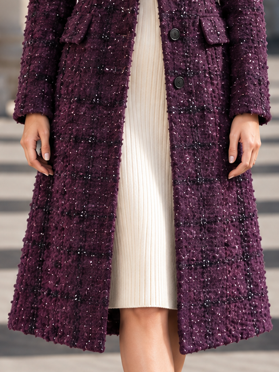 Elegant Tailored Notched Collar Sparkly Tweed Midi Coat