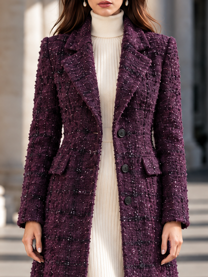 Elegant Tailored Notched Collar Sparkly Tweed Midi Coat