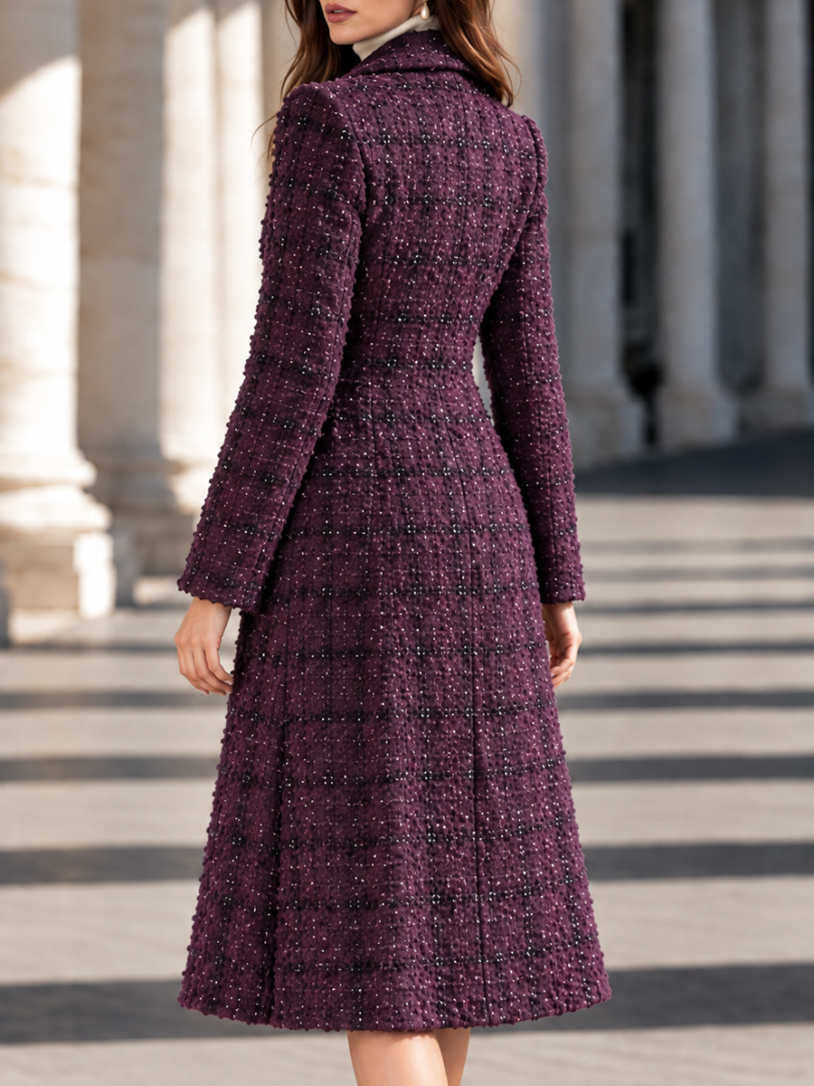 Elegant Tailored Notched Collar Sparkly Tweed Midi Coat