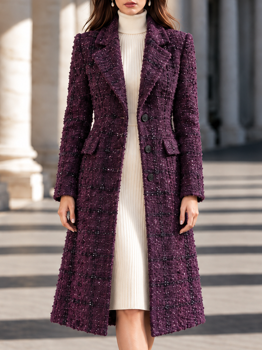 Elegant Tailored Notched Collar Sparkly Tweed Midi Coat
