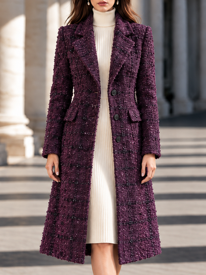 Elegant Tailored Notched Collar Sparkly Tweed Midi Coat