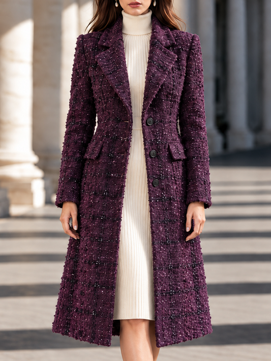 Elegant Tailored Notched Collar Sparkly Tweed Midi Coat