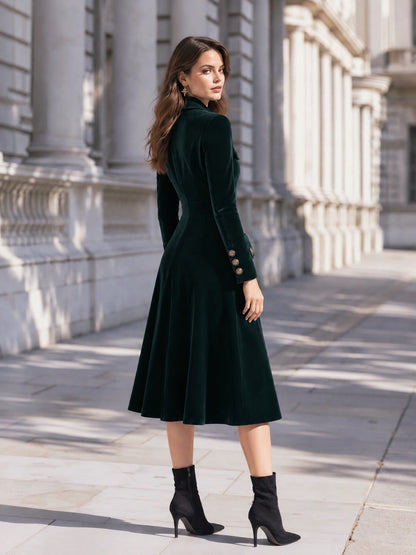Vintage Velvet Lapel Collar Single Breasted Fitted Midi Coat