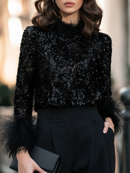 Sequin Feather Trim Long Sleeve Blouse