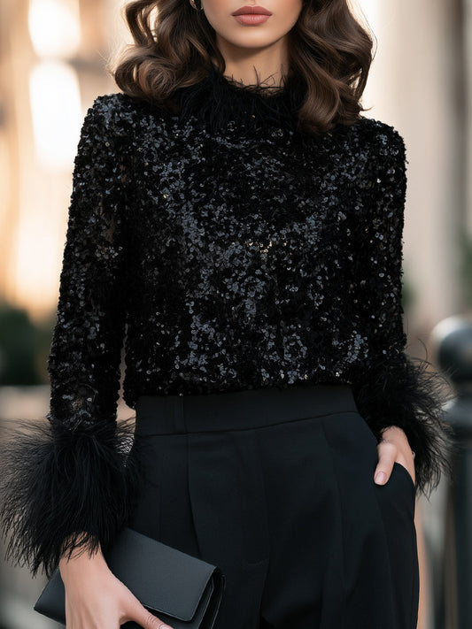 Sequin Feather Trim Long Sleeve Blouse