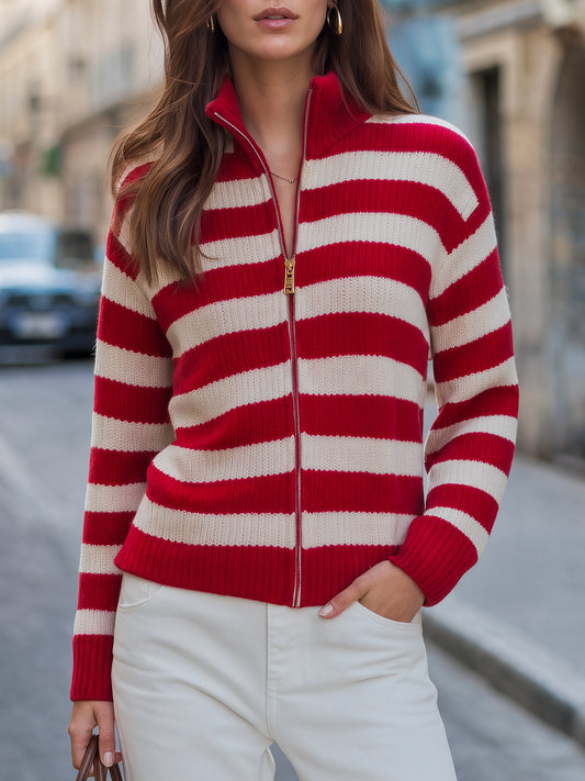 Striped Zip-Up Knit Cardigan