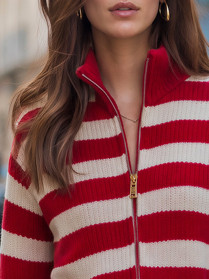 Striped Zip-Up Knit Cardigan