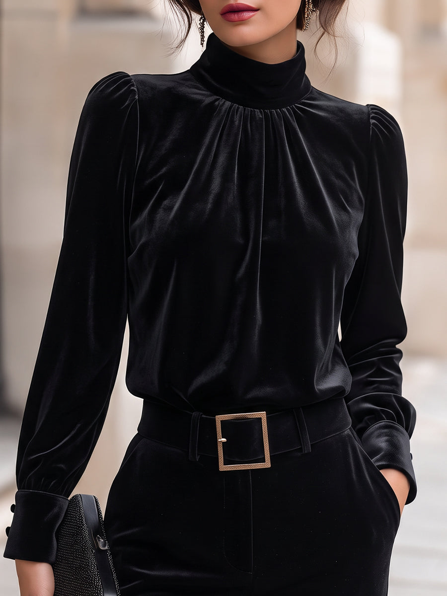 Velvet Mock Neck Gathered Puff Sleeve Blouse