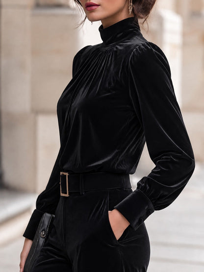 Velvet Mock Neck Gathered Puff Sleeve Blouse