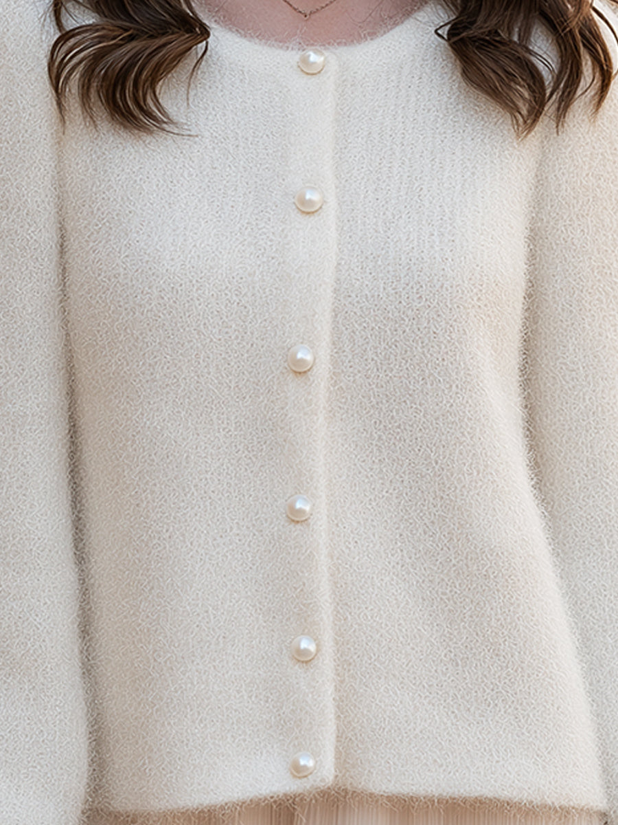 Elegant Ivory Fuzzy Knit Pearl Button Long Sleeve Cardigan