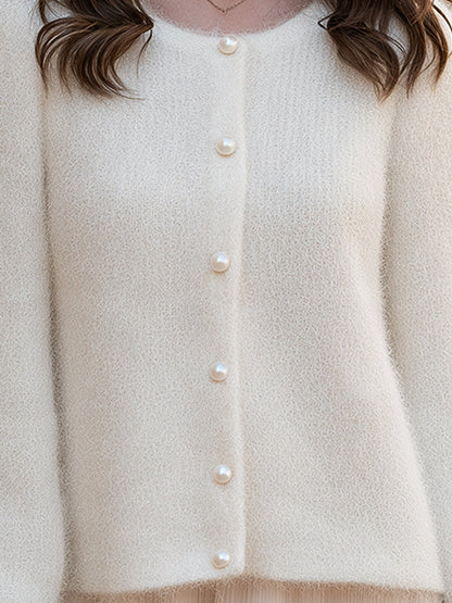 Elegant Ivory Fuzzy Knit Pearl Button Long Sleeve Cardigan