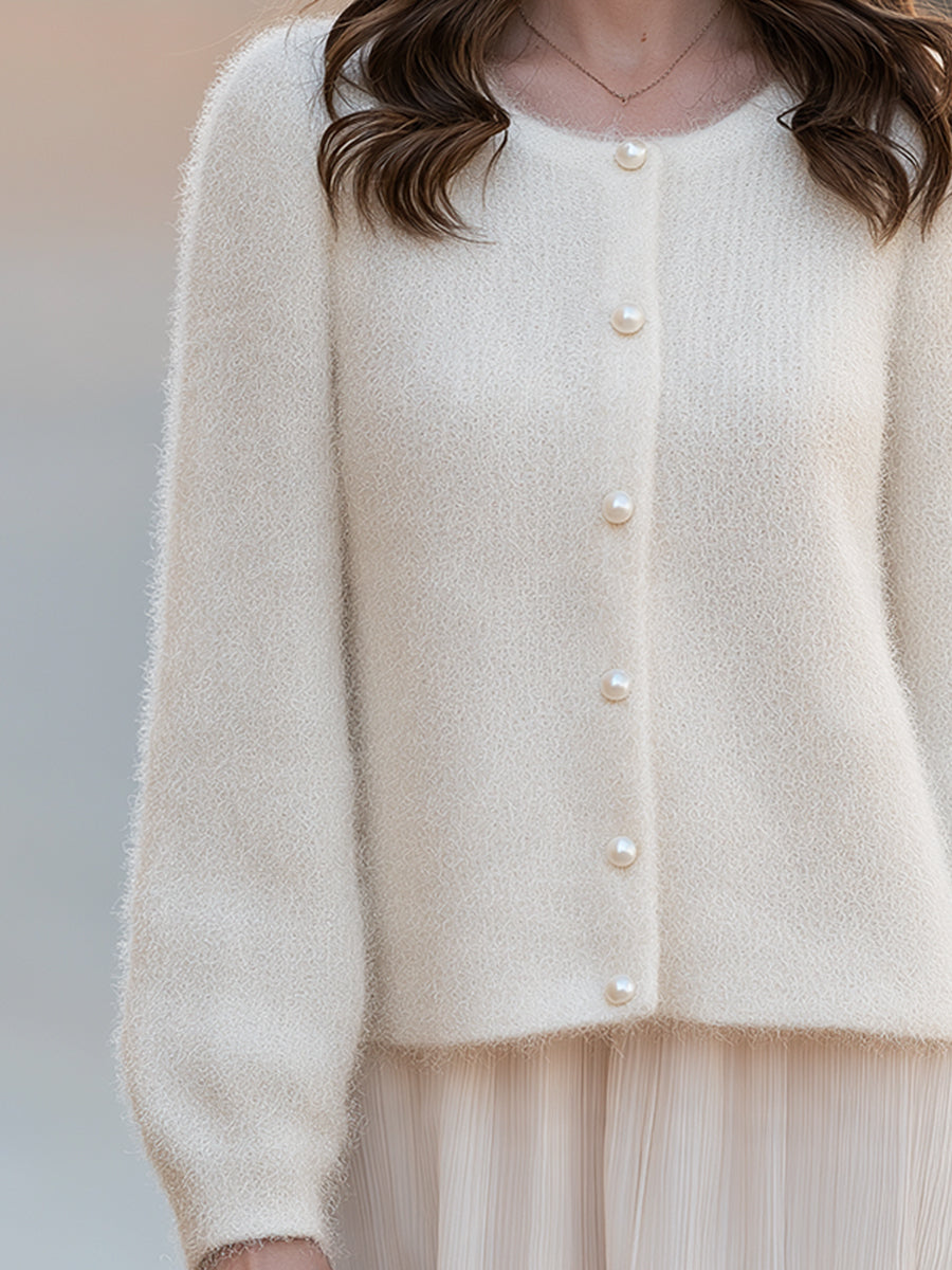 Elegant Ivory Fuzzy Knit Pearl Button Long Sleeve Cardigan