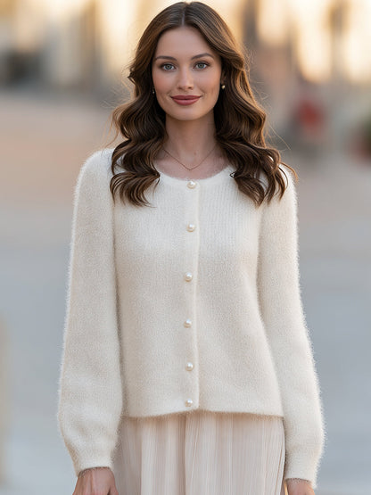 Elegant Ivory Fuzzy Knit Pearl Button Long Sleeve Cardigan