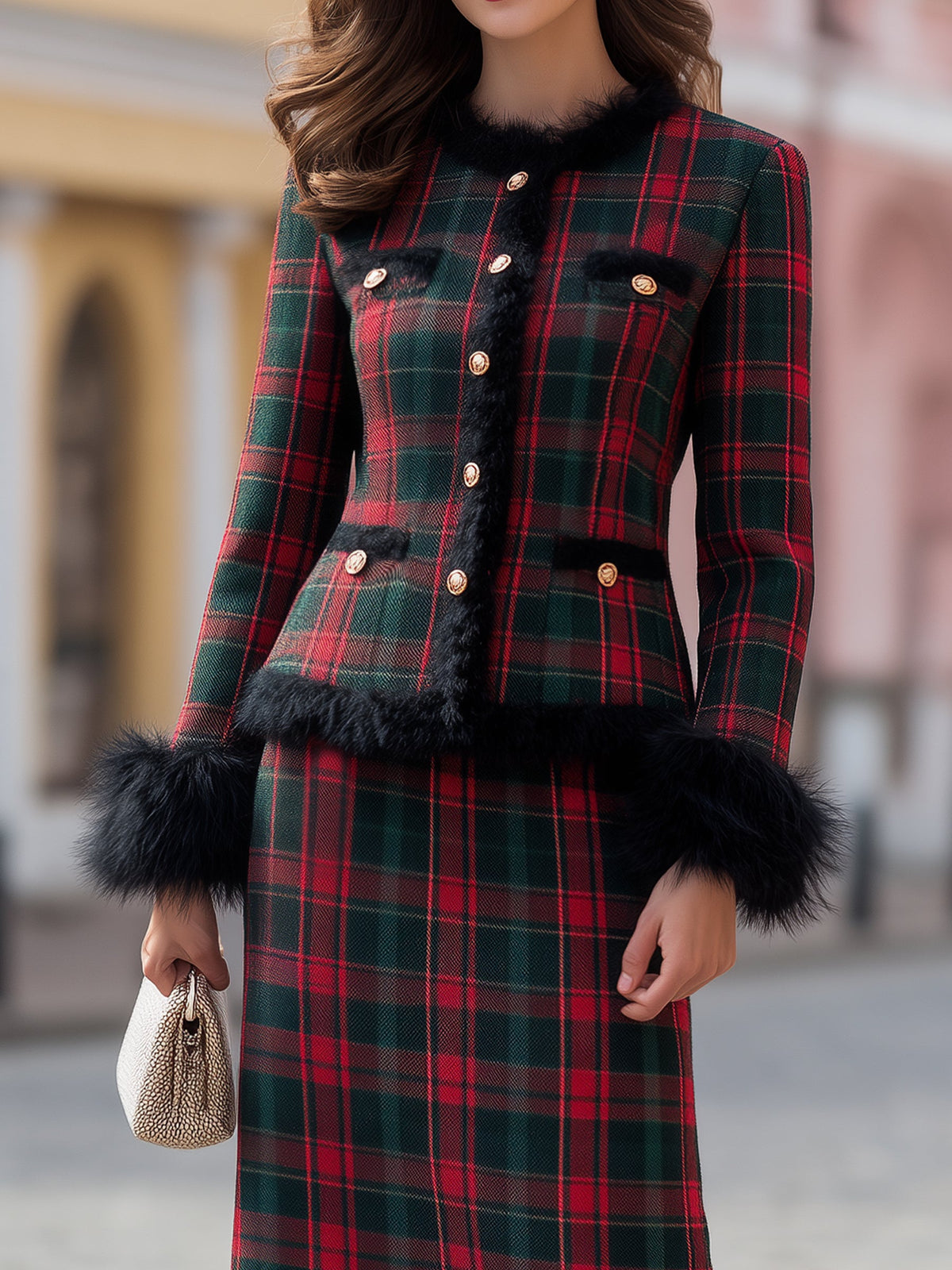 Faux Fur Trim Plaid Jacket And Midi Skirt Two-Piece Set