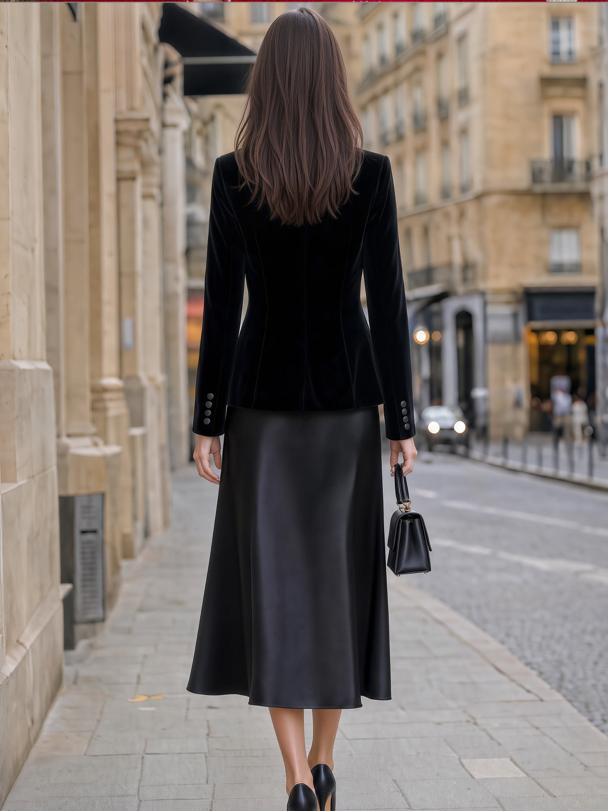 Velvet Button-Up Jacket & Satin Midi Skirt Tailored Set