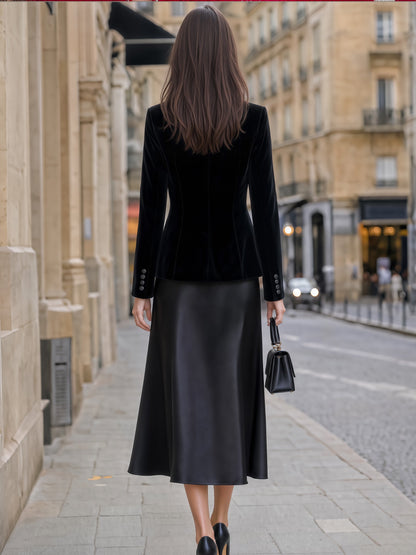 Velvet Button-Up Jacket & Satin Midi Skirt Tailored Set