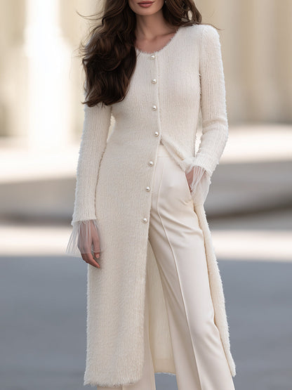 Elegant Ivory Fuzzy Knit Pearl Button Long Sleeve Midi Cardigan