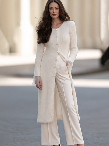 Elegant Ivory Fuzzy Knit Pearl Button Long Sleeve Midi Cardigan