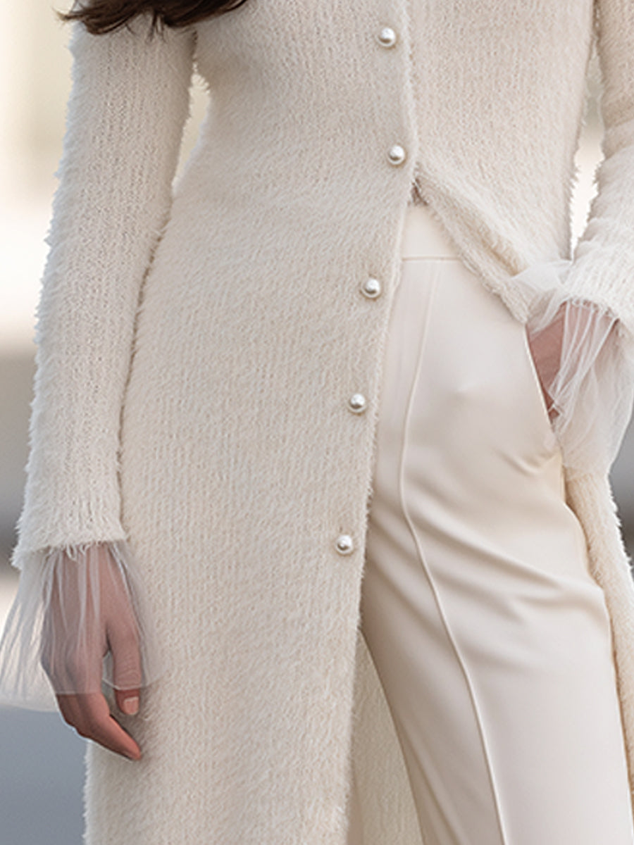 Elegant Ivory Fuzzy Knit Pearl Button Long Sleeve Midi Cardigan