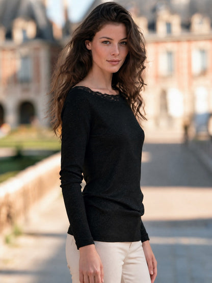 Lace-Trimmed Shimmering Boat Neck Top